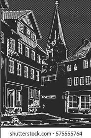 vector illustration of old town with buildings and a tower with a stone pavement drawn by hand