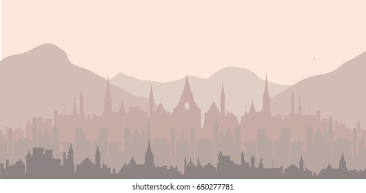 vector illustration of old town with fortress, castle and towers and mountains landscape