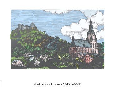 Vector illustration of old town landscape in vintage etching style. Church of Our Lady is on front, Schönburg castle on the back. Oberwesel, Rhine Gorge, Rhineland-Palatinate, Germany.