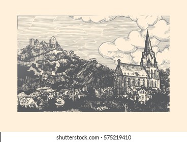 Vector illustration of old town landscape in vintage etching style. Church of Our Lady is on front, Schonburg  castle on the back. Oberwesel, Rhine Gorge, Rhineland-Palatinate, Germany.