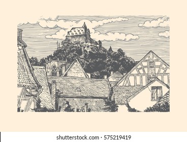 Vector illustration of old town landscape in vintage etching style.Timber-frame houses is on front, Wernerkapelle and  Stahleck Castle on the back. Bacharach,Rhine Gorge, Rhineland-Palatinate,Germany.