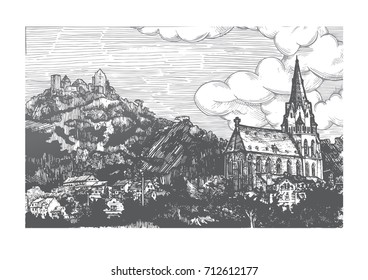 Vector illustration of old town landscape in vintage etching style. Church of Our Lady is on front, SchÃ¶nburg castle on the back. Oberwesel, Rhine Gorge, Rhineland-Palatinate, Germany.