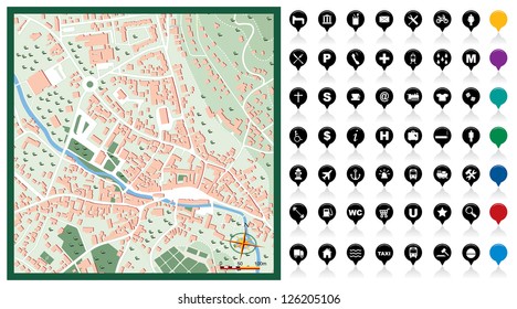 Vector Illustration Of An Old Town Map With Points Of Interest.