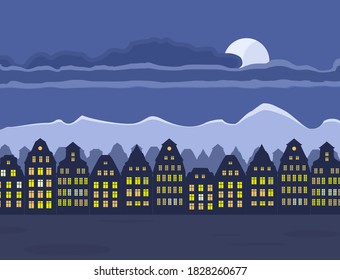 Vector illustration of old town at night. Night sky with moon