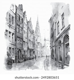 Vector illustration of an old town Riga streets. Postcard style in white frame