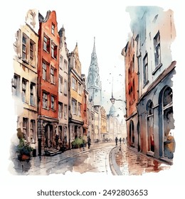 Vector illustration of an old town Riga streets. Postcard style in white frame