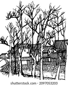 Vector illustration of old town with river and bridge. 