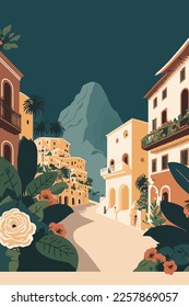 Vector illustration of an old town in Sicily, Italy. Can be used as a background. flat color cartoon style travel poster