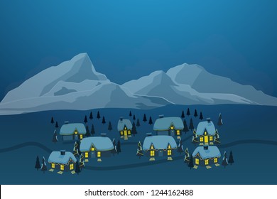 vector illustration of old town village with snow on rooftop and iceberg at background in winter season 