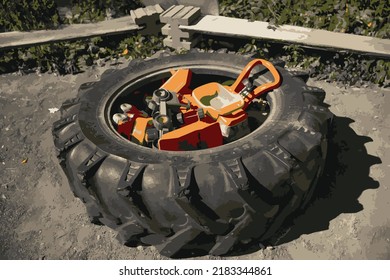 Vector illustration of an old tractor tire used as an outdoor sandbox playpen. Playground, childhood, fun, games, summer, vacation.