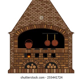 Vector. Illustration of an old traditional kitchen with fireplace, iron stove, copper kettle and pans, decorated tile, stacked wood, detailed fire, etc. 