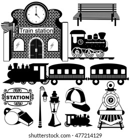 Vector illustration of Old train station black icons