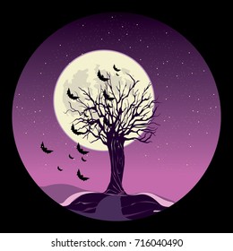 vector illustration of old tree and bats flying around under  fullmoon