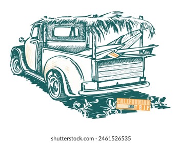 Vector illustration of old truck with surfboards in the bed. Art in stripped-down lines.