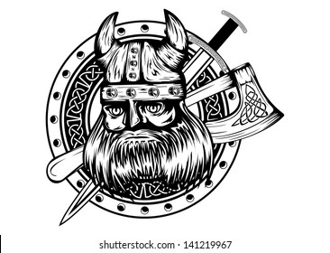Ilustración vectorial vieja vikinga en casco con cuernos y tabla, hacha, espada