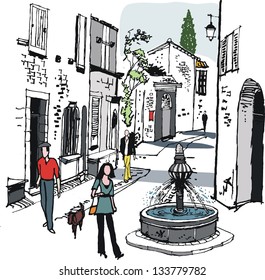 Vector illustration of old village street scene, France.