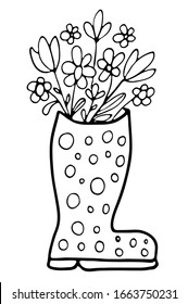 Vector illustration of an old vintage boots filled with wild field meadow flowers. Hand drawn doodle style.