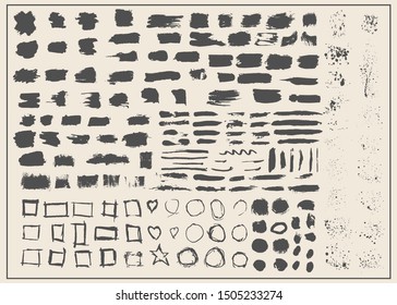 Vector illustration. Old vintage concept. Set of black paint, ink brush strokes, brushes, lines, grungy. Freehand drawing. Dirty artistic design elements, boxes, frames. Vector abstract illustration.