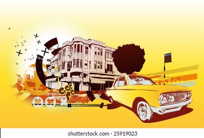 Vector Illustration of old vintage custom collector's car on Urban abstract background in grunge style