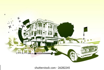 Vector Illustration of old vintage custom collector's car on Urban abstract background in grunge style