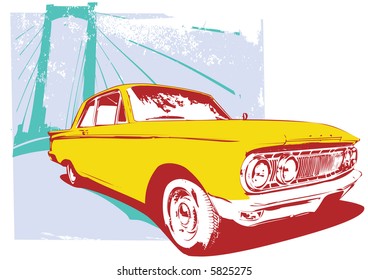 Vector Illustration of old vintage custom collector's car on grunge  urban background