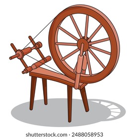 vector illustration of old vintage spindle spinning wheel with shadow on a white isolated background