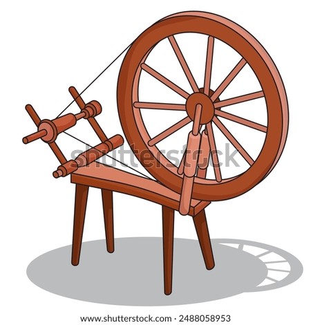 vector illustration of old vintage spindle spinning wheel with shadow on a white isolated background
