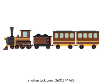Vector illustration of an old vintage steam train with coal and passenger wagons. Retro style, isolated on white background. Ideal for children’s books, posters, transport themes.