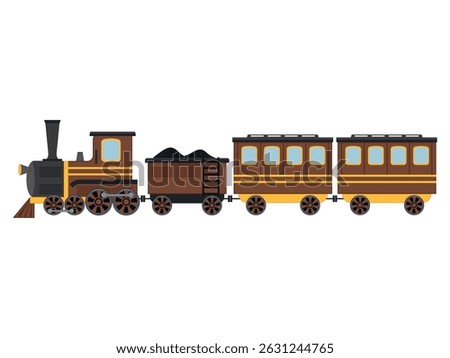 Vector illustration of an old vintage steam train with coal and passenger wagons. Retro style, isolated on white background. Ideal for children’s books, posters, transport themes.