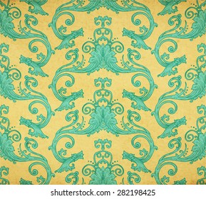 Vector illustration of old vintage victorian ornate wallpaper - old paper parchment with spots and faded blue background ornament