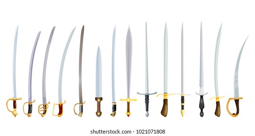 Vector illustration of an old weapon on a white background. Vintage swords with hilts, color image of bladed weapons