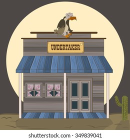 Vector illustration of an old west building - undertaker with a waiting vulture on the roof.