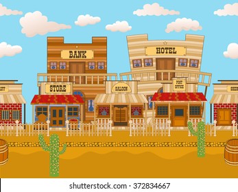 Vector Illustration Of An Old Western Town Cartoon Background.