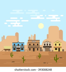 Vector illustration of an old western town in a daytime. Saloon, hotel and other detailed buildings and objects. Wild West desert landscape background. 