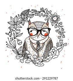 vector illustration of an old wisdom owl in a floral wreath