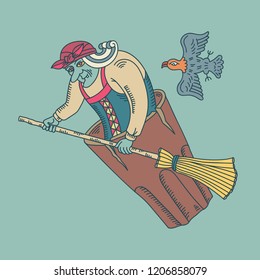 vector illustration of an old witch flying in a mortar with a broom and a bird