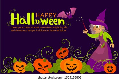 Vector illustration of old witch in a pumpkin groth with bat on violet background. Happy Halloween illustration with funny lettering, on  dark background. Halloween pumpkin.