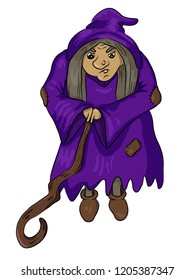 Vector Illustration of Old Witch with Wooden Stick. Halloween's Personage in Cartoon Style. Drawing of Fairytale Hag for Halloween