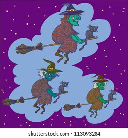 Vector Illustration With Old Witches and Cats On Brooms.