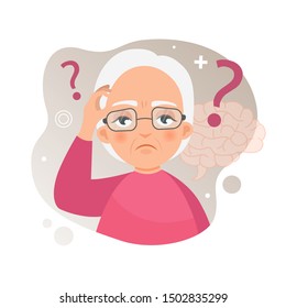 Vector illustration of an old woman with Alzheimer's disease. Brain disease concept.
