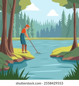 Vector illustration of old woman cleaning water in a forest pond. Volunteering and an active lifestyle in retirement. Ecological concept of caring for nature and keeping rivers clean. 