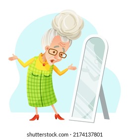 Vector illustration of an old woman with glasses tries on a shoese in front of a mirror. Clothes, wardrobe, shop, dress, shopping, fashion