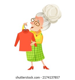 Vector illustration of an old woman with glasses tries on a blouse. Clothes, shopping, fashion