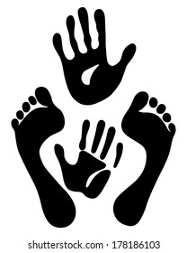 Vector illustration old woman hand and foot prints isolated on white background. Created in Adobe Illustrator. EPS 8.