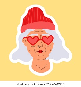 Vector illustration with old woman head in heart shape sunglasses and red hat. Funny and trendy female print design