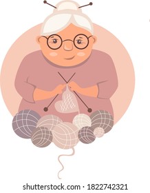 Vector illustration, old woman knits on knitting needles surrounded by balls of yarn for knitting