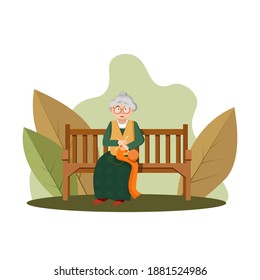 Vector illustration, old woman knits on knitting needles surrounded by ball of yarn for knitting.