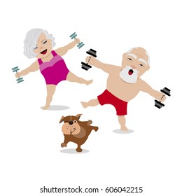 Vector illustration of old woman and old man with dumbbells and pet