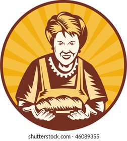 vector illustration of an old woman presenting a freshly baked loaf of bread set inside a circle.