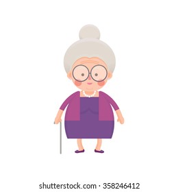 Vector Illustration of Old Woman in Purple Dress with Walking Stick 